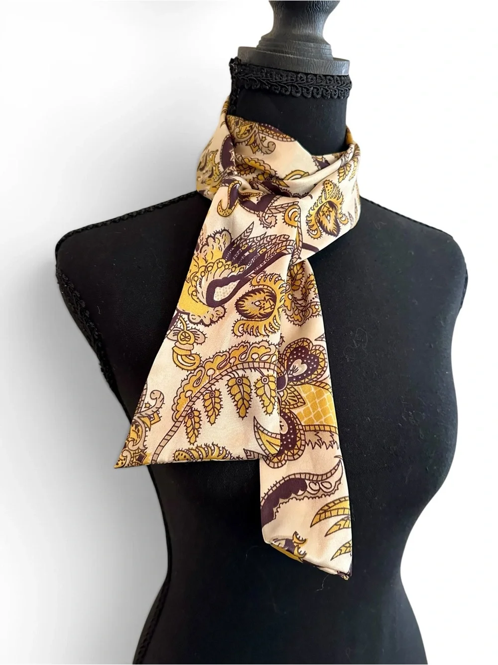 Silky Paisley Bow Neck Scarf - Cream & Gold
